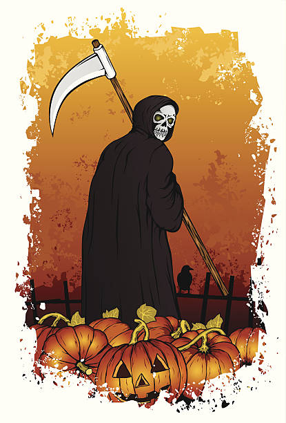 grim reaper in the pumpkin farm vector art illustration
