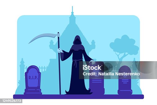 istock Grim reaper with scythe at cemetery flat color vector illustration 1249526773