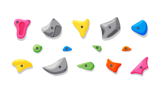 Grippers for climbing in the gym, imitation of a rock. Various fasteners. Cartoon set on a white isolated background.