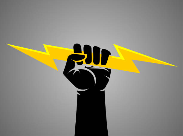 Gripping Lightning Bolt Isolated vector illustration of black hand or silhouette, holding a lightning bolt lightning silhouettes stock illustrations