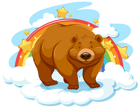 Grizzly bear on the cloud with rainbow