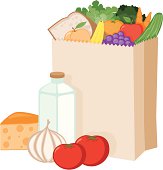 A bunch of groceries in a brown paper bag. No gradients were used when creating this illustration.