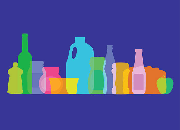 Groceries silhouettes Colourful overlapping silhouettes of groceries in shopping basket. EPS10 file best in RGB, CS5 and CS3 versions in zip supermarket silhouettes stock illustrations