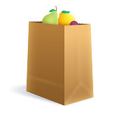 Three dimensional grocery food bag with shopping items.