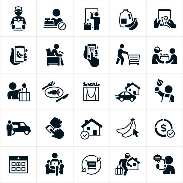 Grocery Delivery Icons A set of grocery delivery icons. The icons include grocery delivery, delivery people, groceries, online ordering, ordering from the convenience of being at home, using a smartphone to order a delivery, delivery people shopping for groceries and delivering them, re-usable shopping bags full of groceries, meal preparation, delivery van, calendar and a shopping cart to name just a few. supermarket symbols stock illustrations