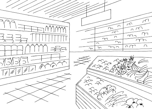 Grocery interior store shop black white graphic sketch illustration vector