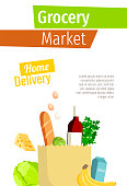 Banner, flyer, brochure design template with grocery bag. Vector illustrations. Grocery market, store, food delivery concept.