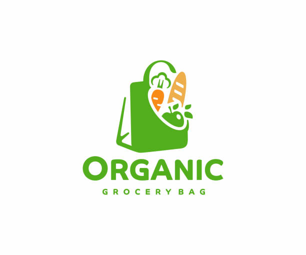 yiyecek, tasarım ile bakkal kağıt torba.  yeniden kullanılabilir sağlıklı vegan vejetaryen gıda vektör tasarımı ile çanta üretmek. süpermarket illüstrasyon alışveriş - supermarket stock illustrations