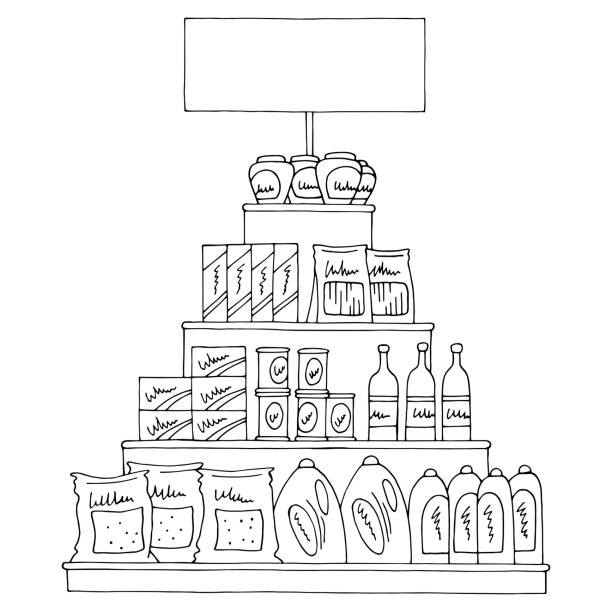 Grocery pyramid shelves graphic black white isolated sketch food store illustration vector Grocery pyramid shelves graphic black white isolated sketch food store illustration vector supermarket drawings stock illustrations