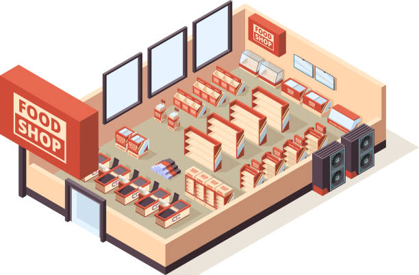 Grocery shop interior. Supermarket indoor furniture checkout tables shelves products shopping carts vector isometric store equipment Grocery shop interior. Supermarket indoor furniture checkout tables shelves products shopping carts vector isometric store equipment. 3d supermarket isometric, fridge and equipment illustration supermarket drawings stock illustrations