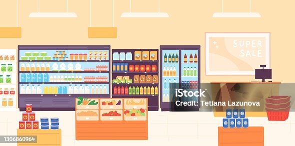 istock Grocery shop interior. Supermarket with food product shelves, racks with dairy, fruits, fridge with drinks and cashier. Store vector concept 1306860964