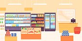 istock Grocery shop interior. Supermarket with food product shelves, racks with dairy, fruits, fridge with drinks and cashier. Store vector concept 1306860964