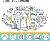 Grocery shopping and food ordering concept illustration, thin line flat design