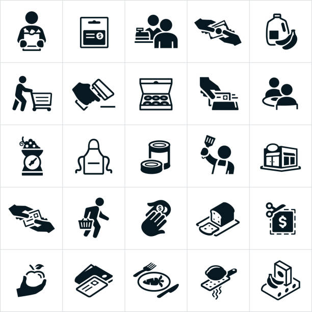 Grocery Shopping Icons A set of grocery shopping and supermarket icons. The icons include customers, shoppers, shopping for groceries, groceries, milk, produce, shopping cart, grocery bag, doughnuts, couple eating, apron, cooking, paying, buying, coupon and other related icons. supermarket icons stock illustrations