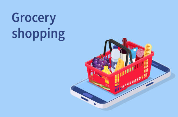 Grocery shopping online concept. Grocery shopping online isometric concept. Can use for web banner, infographics. Vector illustration in flat style grocery store stock illustrations