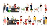 Grocery shopping queue. Shop queues people, cartoon retail store customers in long line and cashier staff, vector illustration