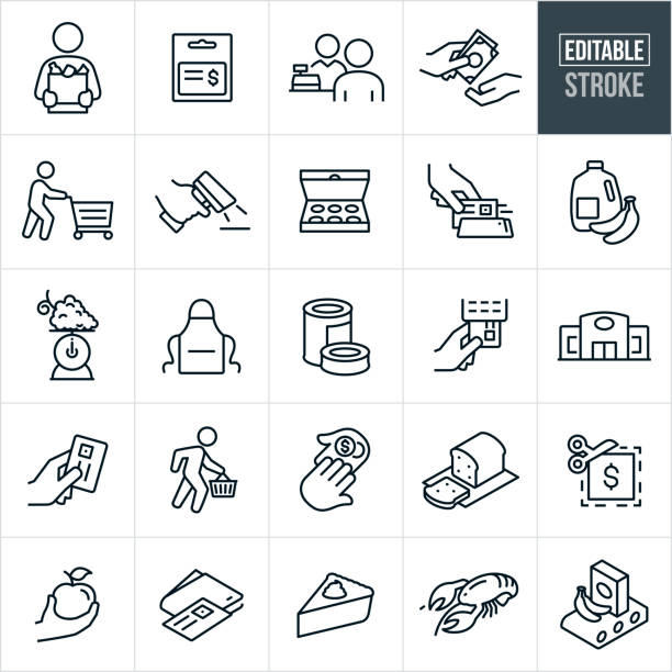 Grocery Shopping Thin Line Icons - Editable Stroke A set of grocery shopping icons that include editable strokes or outlines using the EPS vector file. The icons include a customer carrying a paper bag full of groceries, gift card, cashier, cash being used as payment, customer pushing a shopping cart, price scanner, box of doughnuts, person swiping credit card at check-out, gallon on milk, bananas, grapes, food scale, produce, apron, canned food, grocery store, food, payment using credit card, shopper carrying hand basket, sliced bread, coupon, apple, wallet, pie, seafood, conveyor belt and other related icons. supermarket stock illustrations