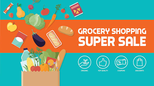 Grocery shopping Grocery shopping discount banner, paper shopping bag filled with vegetables, fruits and other products groceries stock illustrations