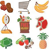 A vector illustration of icons about grocery shopping with free delivery.