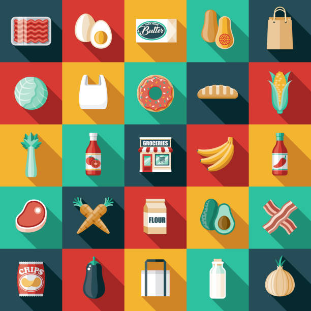 Grocery Store Icon Set A set of flat design icons. File is built in the CMYK color space for optimal printing. Color swatches are global so it’s easy to edit and change the colors. supermarket clipart stock illustrations