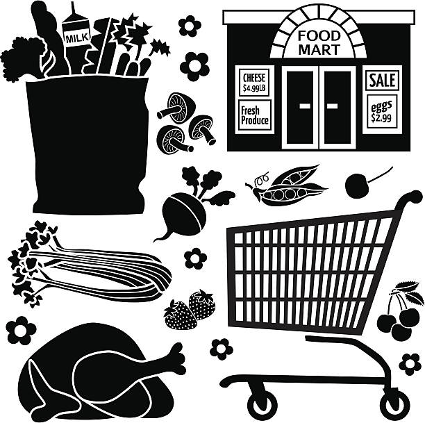 grocery store icons Vector icons with a grocery store theme. supermarket silhouettes stock illustrations