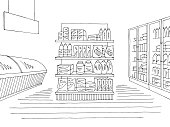 Grocery store shop interior black white graphic sketch illustration vector
