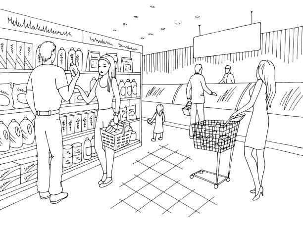 Grocery store shop interior black white graphic sketch illustration vector, people buying products Grocery store shop interior black white graphic sketch illustration vector, people buying products shopping drawings stock illustrations