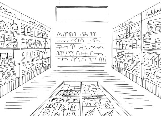 Grocery store shop interior black white graphic sketch illustration vector Grocery store shop interior black white graphic sketch illustration vector supermarket drawings stock illustrations