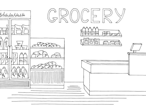 Grocery store shop interior black white graphic sketch illustration vector Grocery store shop interior black white graphic sketch illustration vector market retail space stock illustrations