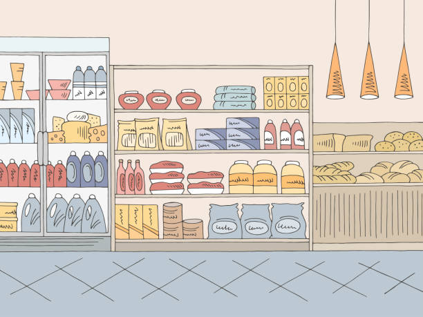 Grocery store shop interior color graphic sketch illustration vector Grocery store shop interior color graphic sketch illustration vector market retail space stock illustrations