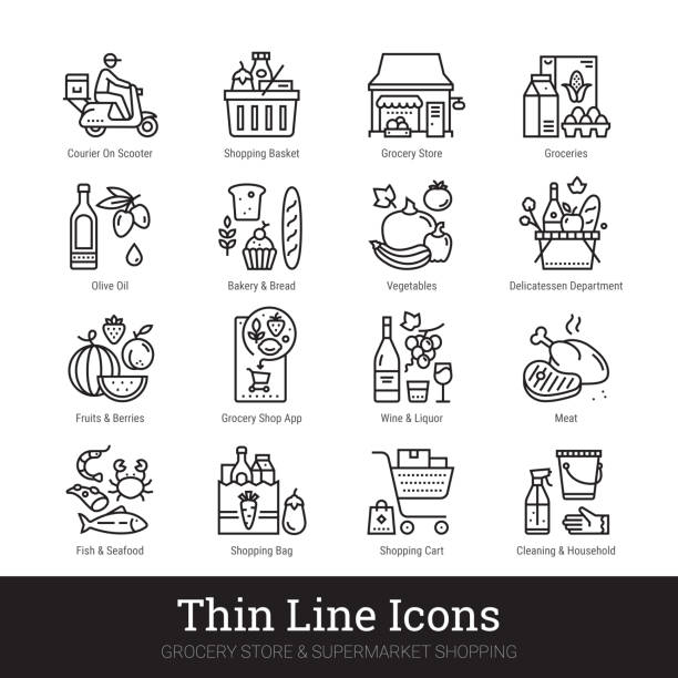 Grocery Store, Supermarket Department Thin Line Icons Set Isolated On White Background. Illustrations Clip Art. Editable strokes. Grocery store, supermarket departments, online shopping, delivery thin line icons for web, mobile app. Editable stroke. Shop vector set include icons: groceries, shop basket, courier, meat, deli, vegs etc. supermarket symbols stock illustrations