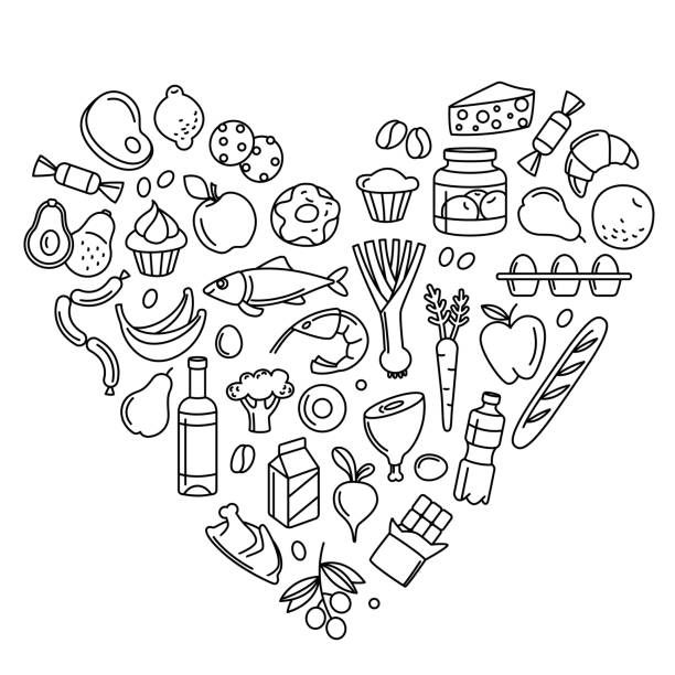 Grocery supermarket goods pattern store food, drinks, vegetables, fruits, fish, meat, dairy, sweets Supermarket grocery store food, drinks, vegetables, fruits, fish, meat, dairy, sweets market products goods thin line icons heart shape background pattern. Vector illustration in linear simple style. supermarket borders stock illustrations
