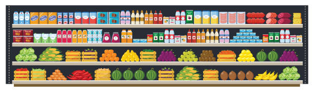 Grocery supermarket shelves flat vector seamless background illustration. Grocery items on the supermarket shelves and offers full with assortment of food and drinks flat vector seamless background illustration. Shopping and retail concept. supermarket backgrounds stock illustrations