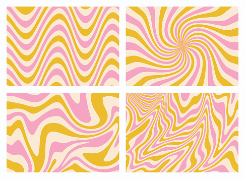 1970 Groovy Backgrounds Set of Yellow and Pastel Pink Rainbow line. Hand-Drawn Wavy Swirl Vector Illustration. Seventies Style Wallpaper. Flat Design, Hippie Aesthetic.