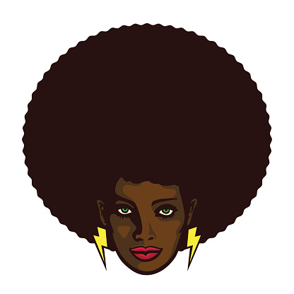 Groovy cool black woman face with afro hair vector illustration