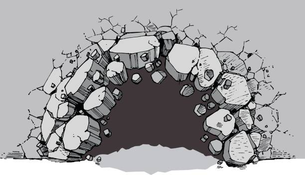 Ground Level Hole Breaking Through Wide Wall Vector cartoon clip art illustration of a ground level hole in a wide wall breaking or exploding out into rubble or debris. Ideal as a customizable background graphic element. Vector file is layered for easy customization. concrete clipart stock illustrations
