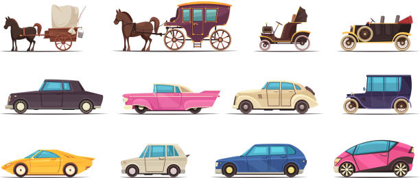 ground transportation old modern set Set of icons old and modern ground transportation including various cars and horse carriages isolated vector illustration carriage stock illustrations