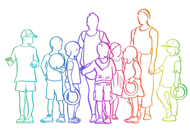 Group Daycare Kids Rainbow Children at recess with two women supervisors frisbee clipart stock illustrations