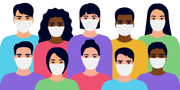 Group different people wearing medical face masks to prevent coronavirus, disease, flu, air pollution. Crowd man and woman wear respiratory mask. Coronavirus hygiene. Vector illustration