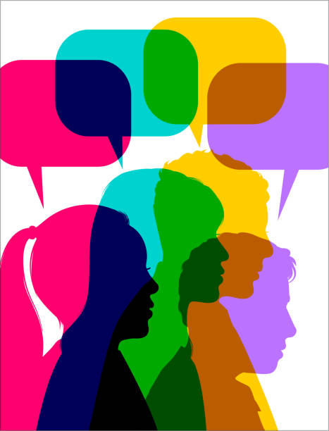 Group Discussion with Speech Balloons Colourful overlapping silhouettes of people during social network, speech balloons, Text Messaging, teamwork brochure silhouettes stock illustrations