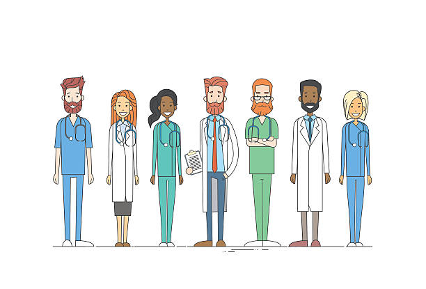Group Medial Doctors Team Work Thin Line Group Medial Doctors Team Work Thin Line Vector Illustration doctor drawings stock illustrations