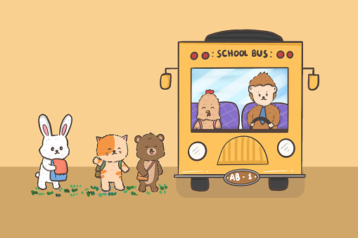 group of animal students, rabbit, cat, bear, hen and monkey on bus, back to school