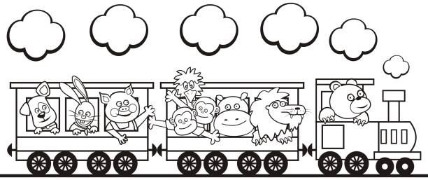 Group of animals in the train, coloring book, eps. Group of animals in the train, funny vector illustration. Dog, hare, pig,  monkeys, ostrich, hippo, lion and bear at steam strain. Coloring book for children. outlines of an ostrich stock illustrations