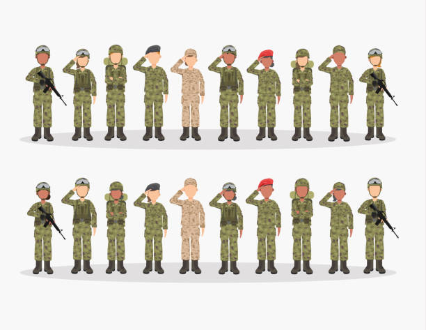 stockillustraties, clipart, cartoons en iconen met groep leger, mannen en vrouw, in camouflage gevechtsuniform het groeten. leuke vlakke beeldverhaalstijl. geïsoleerde vectorillustratie. - army