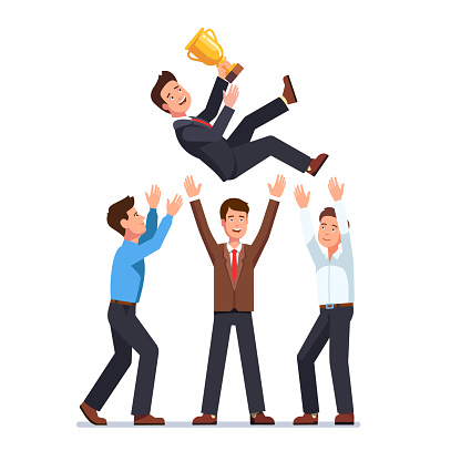Group of business people celebrating success tossing in the air winner businessman holding golden cup. Flat vector clipart illustration.