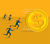 A group of businessmen chasing gold coins stock illustration