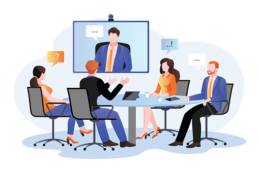 Group of businesspeople at the video conference call. Vector flat cartoon illustration. Online meeting with director