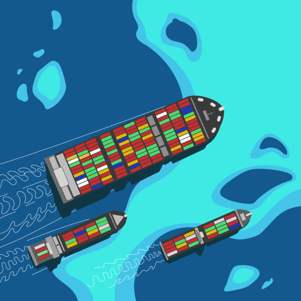 ilustrações de stock, clip art, desenhos animados e ícones de group of cargo vessels from a bird's eye view - aerial container ship