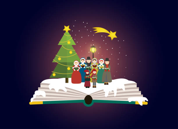 Group of carolers singing outside in the christmas time. Imagination concept- group of carolers singing outdoor next to christmas tree. Fairy tale story coming out of a book. Perfect for book shop, publishing house, school. Winter time. christmas story telling stock illustrations