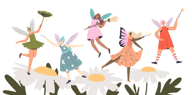 ilustraciones, imágenes clip art, dibujos animados e iconos de stock de grupo de hadas lindas de dibujos animados volando sobre manzanilla. pixies hembra elfo con alas y varitas mágicas - fairy